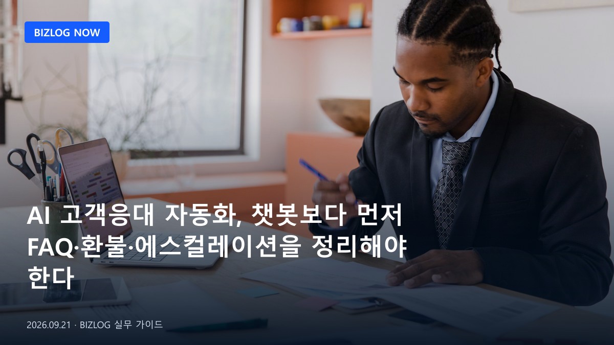 AI 고객응대 자동화, 챗봇보다 먼저 FAQ·환불·에스컬레이션을 정리해야 한다 BIZLOG 뉴스형 대표 이미지