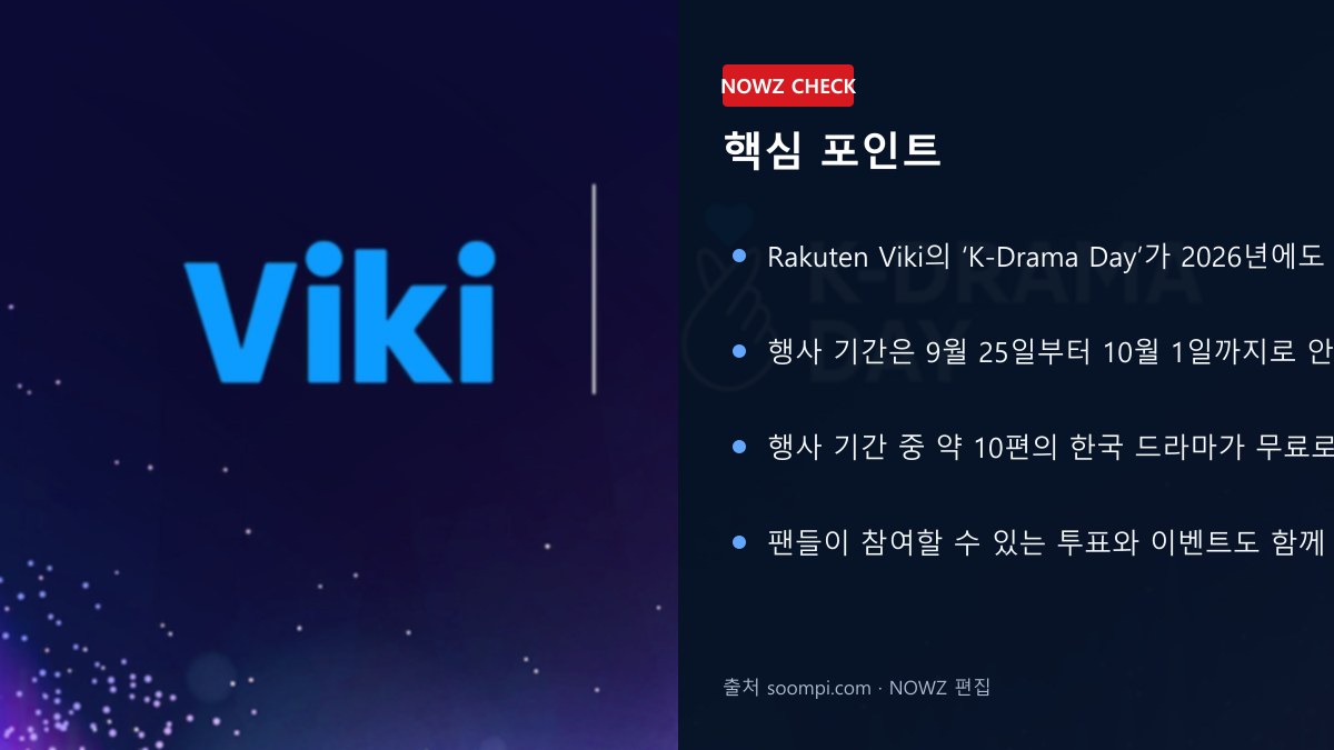 Viki ‘K-Drama Day’ 9월25일 시작…10편 무료 공개·투표·경품, 해외 K드라마 팬 일정 총정리 핵심 포인트 뉴스 정보 이미지